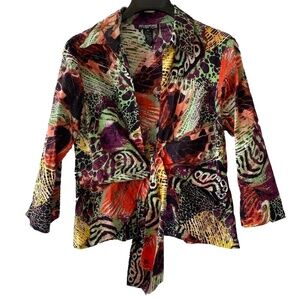 Mishca Wrap blouse Womens Petite L Colorful Abstract Tie Front Top Peplum